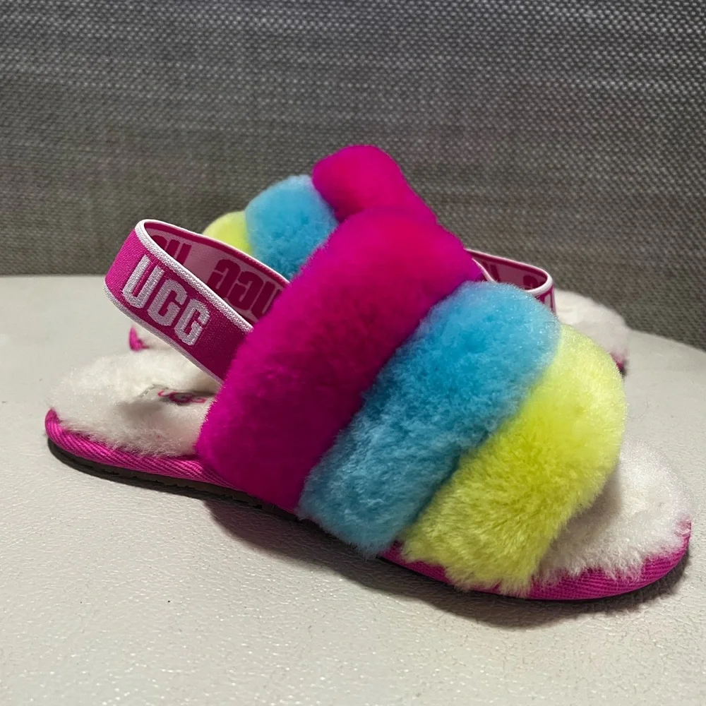 UGG Fluff Yeah Slides Neon Rainbow Sleepers Little Girls Size 11